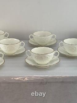 Antique COALPORT England Bouillon Cups & Saucers Set of 8 White and Gold