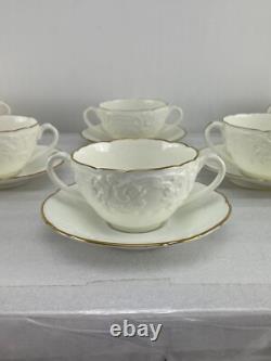 Antique COALPORT England Bouillon Cups & Saucers Set of 8 White and Gold