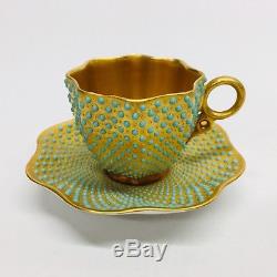 Antique COALPORT Gold Gilt & Turquoise Jeweled Dots Demitasse Cup & Saucer