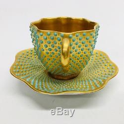 Antique COALPORT Gold Gilt & Turquoise Jeweled Dots Demitasse Cup & Saucer