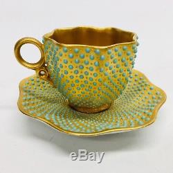 Antique COALPORT Gold Gilt & Turquoise Jeweled Dots Demitasse Cup & Saucer