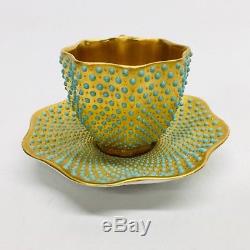 Antique COALPORT Gold Gilt & Turquoise Jeweled Dots Demitasse Cup & Saucer