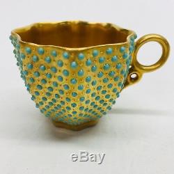 Antique COALPORT Gold Gilt & Turquoise Jeweled Dots Demitasse Cup & Saucer