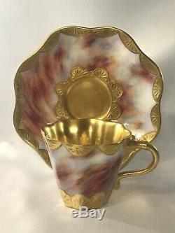 Antique COALPORT Tea Cup & Saucer Set-Pink Marmol Look & Gold England AD 1750