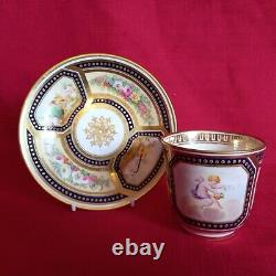 Antique Cabinet Tea Cup & Saucer, Cherub & Floral Design Cobalt Blue & Gold Gilt