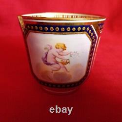 Antique Cabinet Tea Cup & Saucer, Cherub & Floral Design Cobalt Blue & Gold Gilt