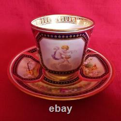 Antique Cabinet Tea Cup & Saucer, Cherub & Floral Design Cobalt Blue & Gold Gilt