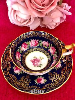 Antique Cauldon Cobalt Blue Pink Cabbage Roses Gold Ornate Tea Cup Saucer READ