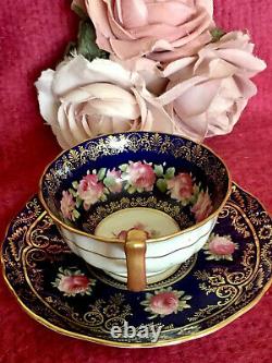 Antique Cauldon Cobalt Blue Pink Cabbage Roses Gold Ornate Tea Cup Saucer READ