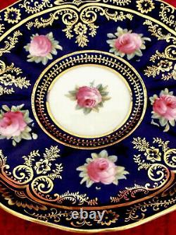 Antique Cauldon Cobalt Blue Pink Cabbage Roses Gold Ornate Tea Cup Saucer READ