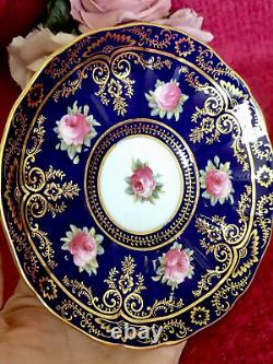 Antique Cauldon Cobalt Blue Pink Cabbage Roses Gold Ornate Tea Cup Saucer READ