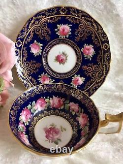 Antique Cauldon Cobalt Blue Pink Cabbage Roses Gold Ornate Tea Cup Saucer READ