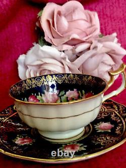 Antique Cauldon Cobalt Blue Pink Cabbage Roses Gold Ornate Tea Cup Saucer READ