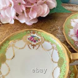 Antique Cauldon teacup trio, handpainted flowers, ornate gilding, green & gold B