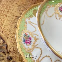 Antique Cauldon teacup trio, handpainted flowers, ornate gilding, green & gold B