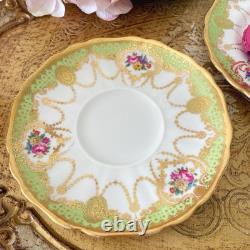 Antique Cauldon teacup trio, handpainted flowers, ornate gilding, green & gold B