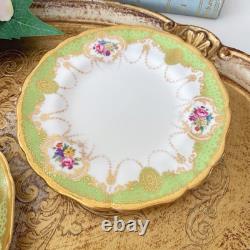 Antique Cauldon teacup trio, handpainted flowers, ornate gilding, green & gold B
