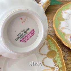 Antique Cauldon teacup trio, handpainted flowers, ornate gilding, green & gold B