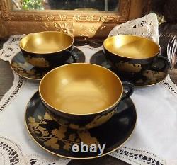 Antique Chinese Black Lacquer Tea Set Papier Mache 6 cups 6 Saucers Gold Lined