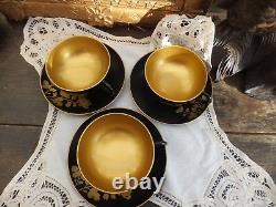 Antique Chinese Black Lacquer Tea Set Papier Mache 6 cups 6 Saucers Gold Lined