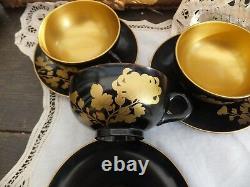 Antique Chinese Black Lacquer Tea Set Papier Mache 6 cups 6 Saucers Gold Lined