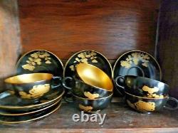 Antique Chinese Black Lacquer Tea Set Papier Mache 6 cups 6 Saucers Gold Lined