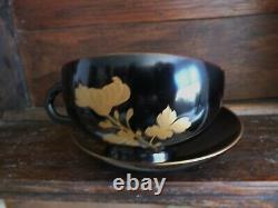 Antique Chinese Black Lacquer Tea Set Papier Mache 6 cups 6 Saucers Gold Lined