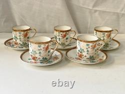 Antique Chinese Floral Hand Painted Gold Gilt Set Of 5 Cups And Saucers
