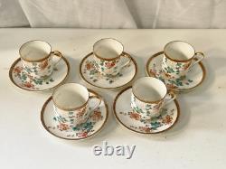 Antique Chinese Floral Hand Painted Gold Gilt Set Of 5 Cups And Saucers
