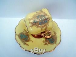 Antique Coalport Cup Saucer Jeweled Beaded Dainty Yellow Turquoise Gold HP 1890