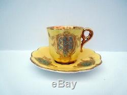 Antique Coalport Cup Saucer Jeweled Beaded Dainty Yellow Turquoise Gold HP 1890