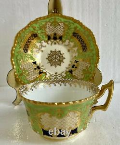 Antique Coalport England Tea Cup & Saucer Green Cobalt Heavy Gold Circa 1891