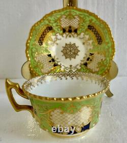 Antique Coalport England Tea Cup & Saucer Green Cobalt Heavy Gold Circa 1891