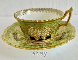 Antique Coalport England Tea Cup & Saucer Green Cobalt Heavy Gold Circa 1891