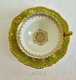 Antique Coalport England Tea Cup & Saucer Green Cobalt Heavy Gold Circa 1891