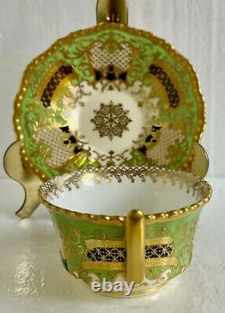 Antique Coalport England Tea Cup & Saucer Green Cobalt Heavy Gold Circa 1891