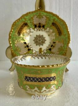 Antique Coalport England Tea Cup & Saucer Green Cobalt Heavy Gold Circa 1891