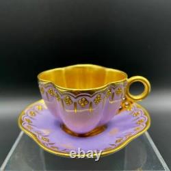 Antique Coalport Gold Painted and Jeweled Violet Demitasse Tea Cup & Saucer