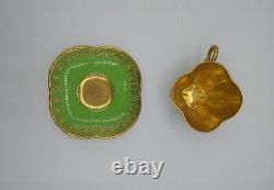 Antique Coalport Green & Gold Beaded Gold interior Quatrefoil Cup and Saucer
