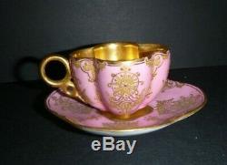 Antique Coalport Mini Demitasse Cup & Saucer England Pink Gilt Gold Embossed