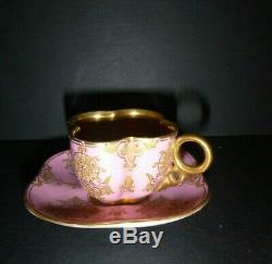 Antique Coalport Mini Demitasse Cup & Saucer England Pink Gilt Gold Embossed