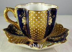 Antique Coalport Miniature Jeweled Cobalt & Gold Quatrefoil Cup & Saucer