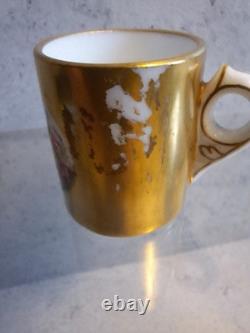 Antique Coalport Porcelain Mini Demitasse Cup And Saucer Floral Gilded c1891s