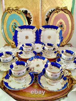 Antique Coalport Tea Cups True Trios Cake Plates Celeste Blue Gold Tea Set X22