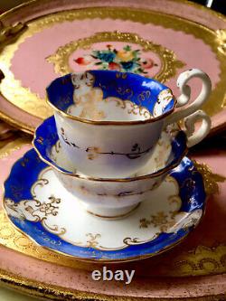 Antique Coalport Tea Cups True Trios Cake Plates Celeste Blue Gold Tea Set X22