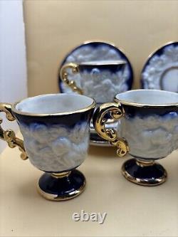 Antique Coffee Set of Cups & Saucers Cobalt White & Gold with CherubsSet of 12