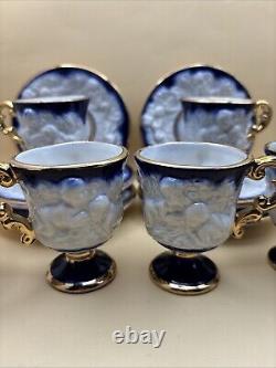 Antique Coffee Set of Cups & Saucers Cobalt White & Gold with CherubsSet of 12
