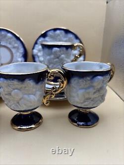 Antique Coffee Set of Cups & Saucers Cobalt White & Gold with CherubsSet of 12