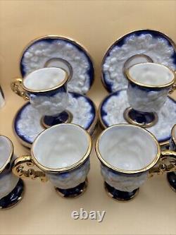 Antique Coffee Set of Cups & Saucers Cobalt White & Gold with CherubsSet of 12