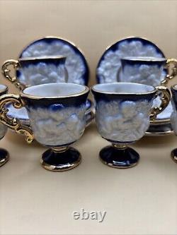 Antique Coffee Set of Cups & Saucers Cobalt White & Gold with CherubsSet of 12